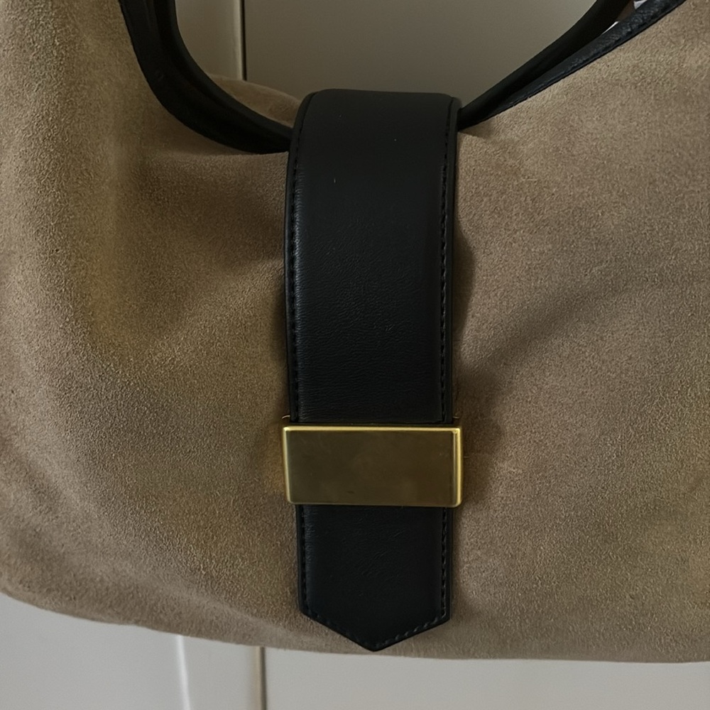 J. Crew Tan Suede Shoulder Bag with Black Trim and Gold Accent - Picture 2 of 7